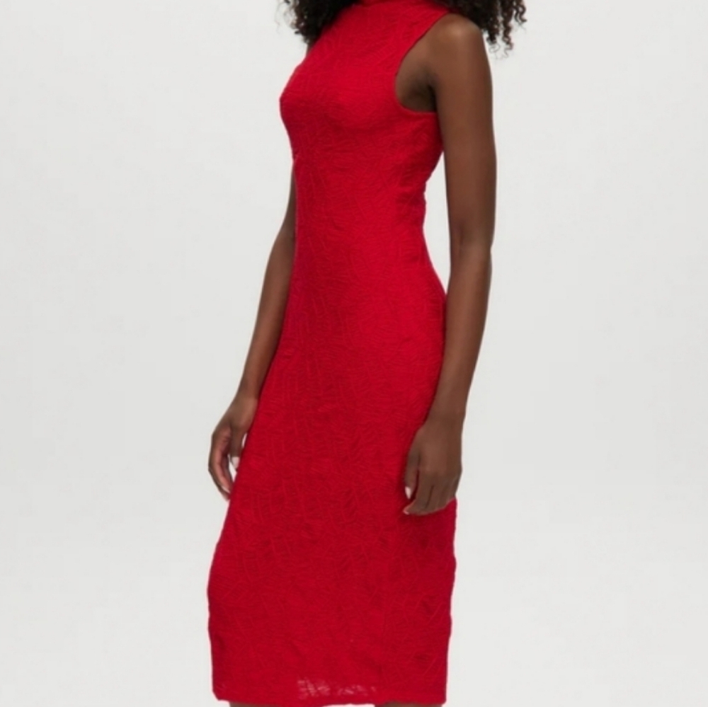 HOUSE OF HARLOW 1960 BRIGHT RED MIDI BODYCON TEXTURIZED WEB DRESS, US SMALL